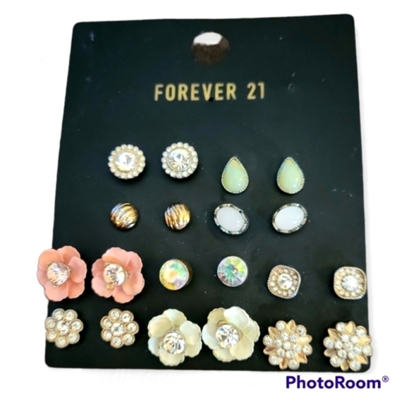 Vtg FOREVER 21 Deadstock Ten Pair Floral Rhinestone Post Earrings - Picture 1 of 5